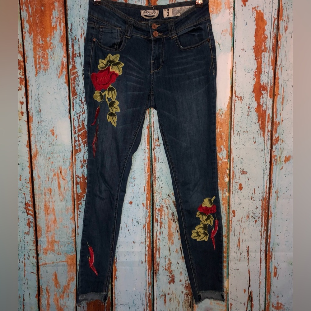 Indigo Rein Blue and Red Skinny Ankle Jeans with Floral Embroidery